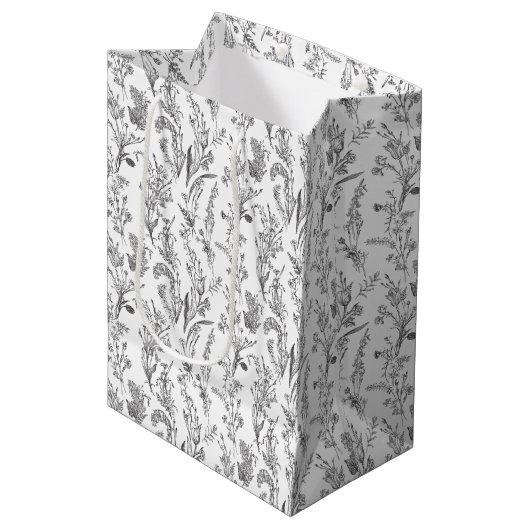 Black White Toile Elegant Floral Medium Cadeauzakje (Voorkant Gekanteld)