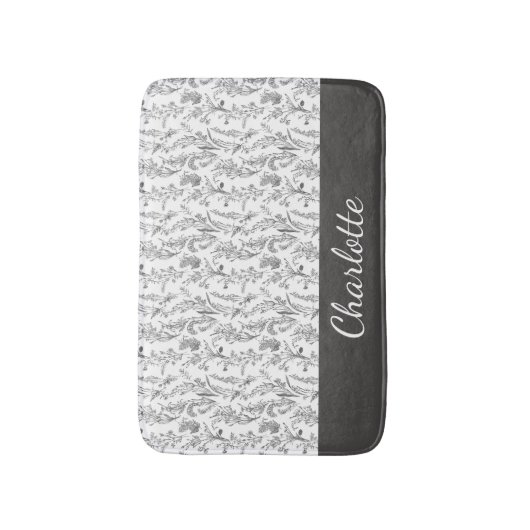 Black White Toile Floral Custom Name Badmat (Voorkant Verticaal)