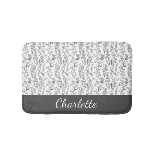 Black White Toile Floral Custom Name Badmat (Voorkant)