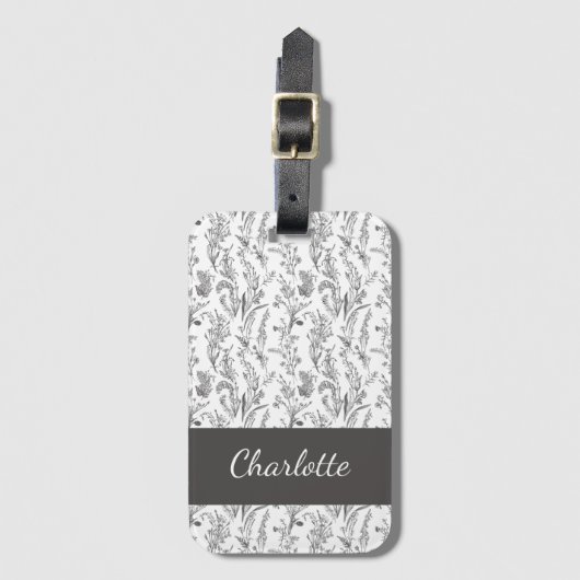 Black White Toile Floral Custom Name Bagagelabel (Voorkant (verticaal))