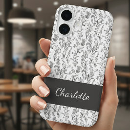 Black White Toile Floral Custom Name iPhone 16 Hoesje
