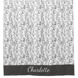Black White Toile Floral Custom Name Douchegordijn
