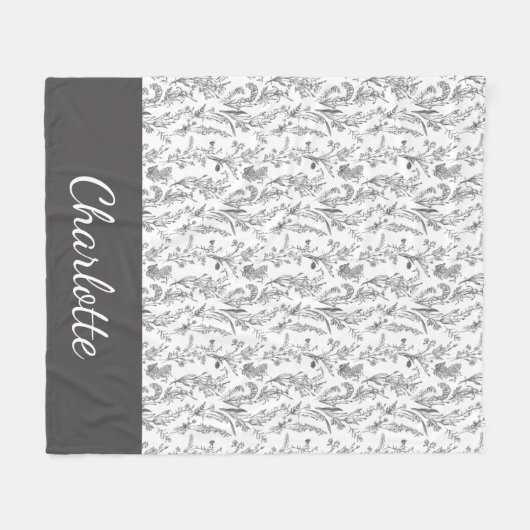 Black White Toile Floral Custom Name Fleece Deken (Voorkant (Horizontaal))