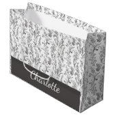 Black White Toile Floral Custom Name Groot Cadeauzakje (Voorkant Gekanteld)