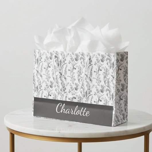 Black White Toile Floral Custom Name Groot Cadeauzakje