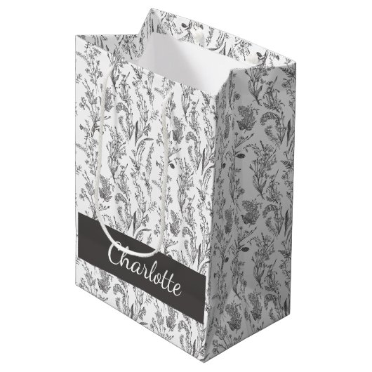 Black White Toile Floral Custom Name Medium Cadeauzakje (Voorkant Gekanteld)