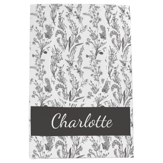 Black White Toile Floral Custom Name Medium Cadeauzakje (Voorkant)