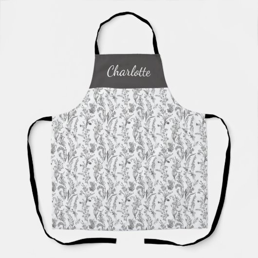 Black White Toile Floral Custom Name Schort (Voorkant)