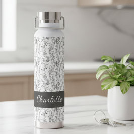 Black White Toile Floral Custom Name Waterfles