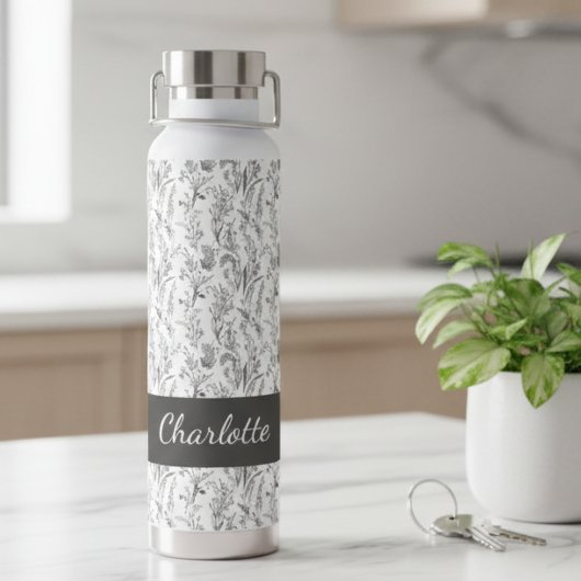 Black White Toile Floral Custom Name Waterfles