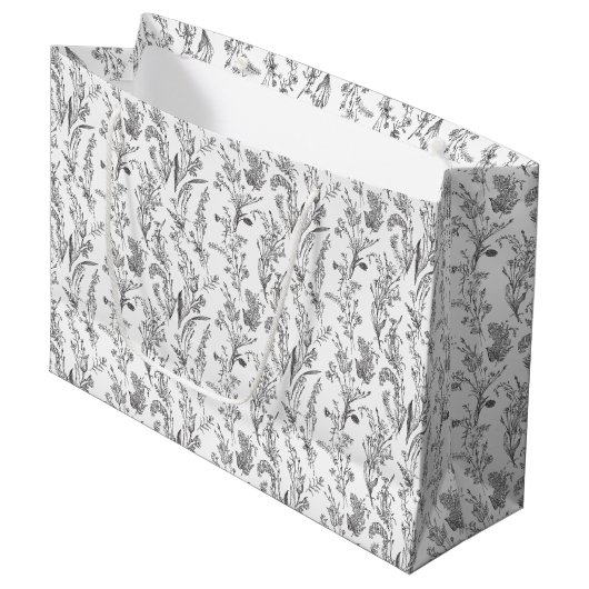 Black White Toile Floral Elegant Groot Cadeauzakje (Voorkant Gekanteld)