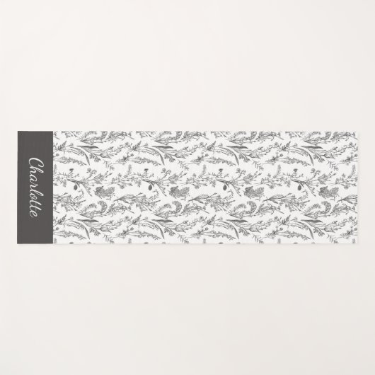 Black White Toile Floral Pattern Custom Name Yogamat (Voorkant (horizontaal))