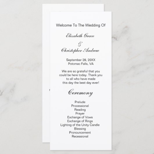 Black White Traditional Classic Wedding Program Menu (Voorkant / Achterkant)