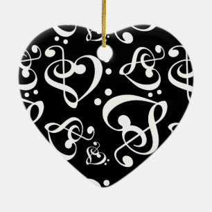 Black White Treble Bass Clef Heart Music Kerstmis Keramisch Ornament