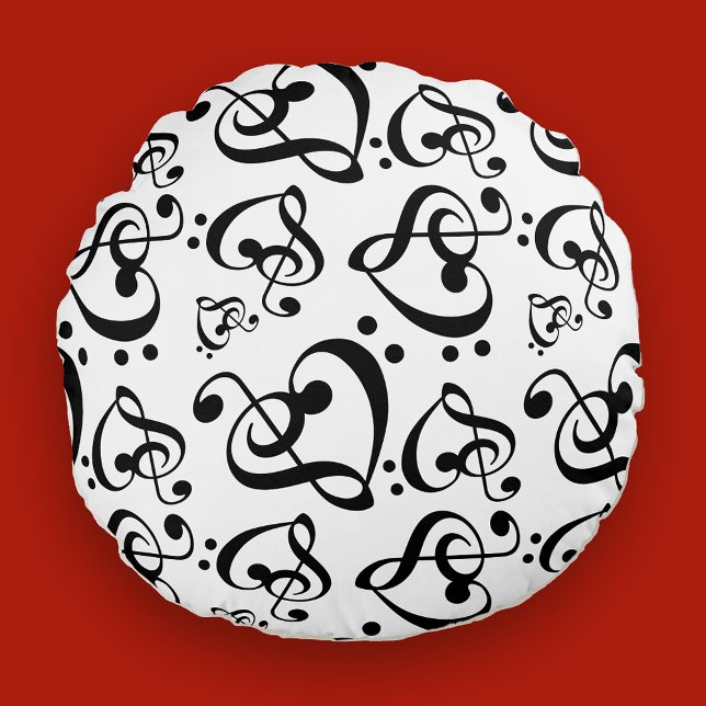 Black White Treble Clef Heart Muzieknoten Patroon Rond Kussen (Creator heeft geüpload)