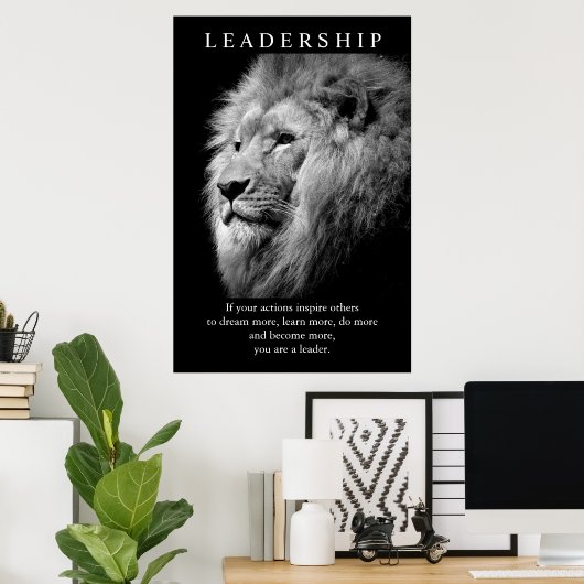 Black White Trendy Motivatie Leadership Lion Poster (Thuiskantoor)