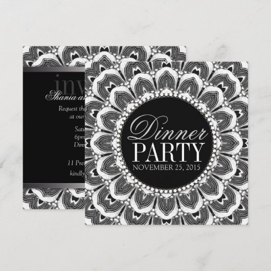 Black White Tribal Daisy Dinner Party Uitnodiging (Voorkant / Achterkant)