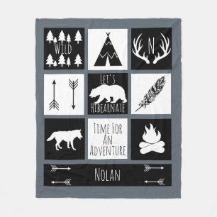 Black & White Tribal Wild Woodlands Gray Fleece Deken