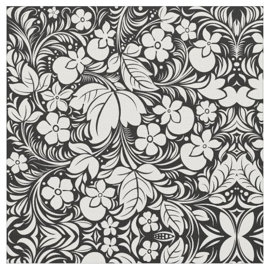 Black White Tropical Floral Damask Stof (Close Up)