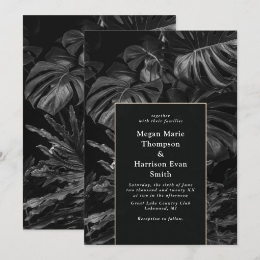 Black White Tropical Monstera Wedding Invitation Kaart (Voorkant / Achterkant)