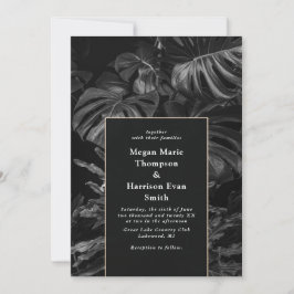 Black White Tropical Monstera Wedding Invitation Kaart