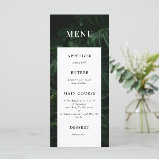 Black White Tropical Monstera Wedding Menu (Staand voorkant)