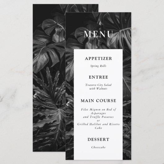 Black White Tropical Monstera Wedding Menu (Voorkant / Achterkant)