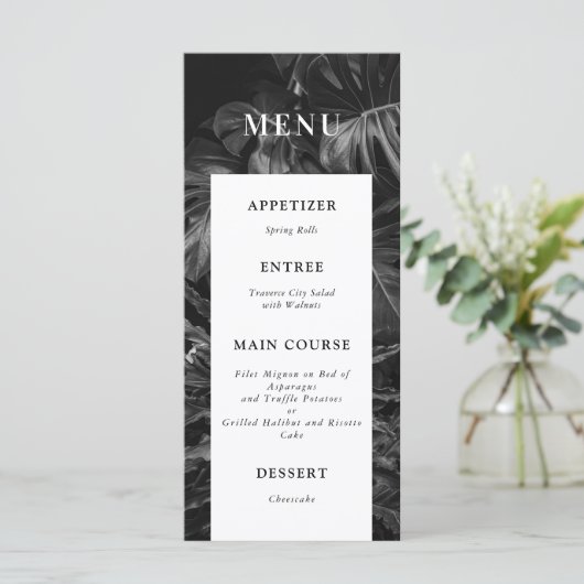 Black White Tropical Monstera Wedding Menu (Staand voorkant)