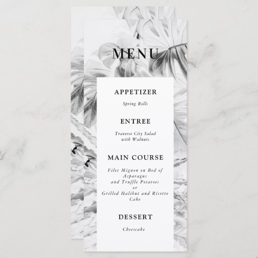 Black White Tropical Monstera Wedding Menu (Voorkant / Achterkant)