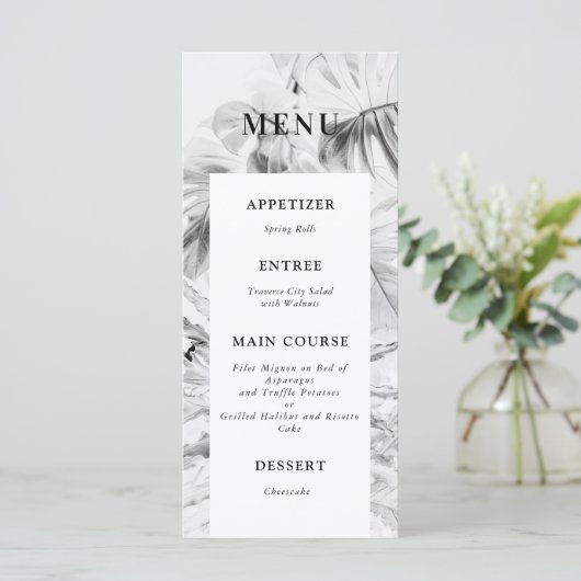 Black White Tropical Monstera Wedding Menu (Staand voorkant)