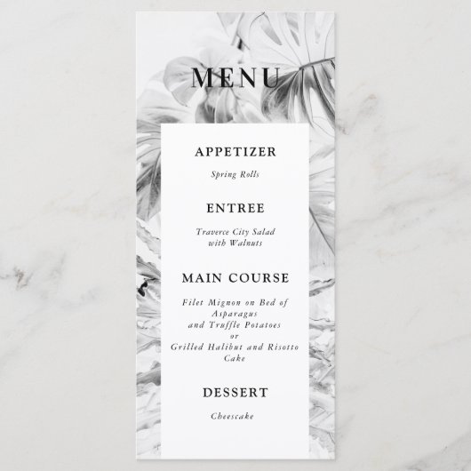 Black White Tropical Monstera Wedding Menu (Voorkant)