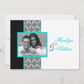 Black White Turquoise Damask Photo Wedding Invite Kaart (Voorkant)