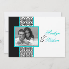 Black White Turquoise Damask Photo Wedding Invite Kaart