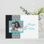 Black White Turquoise Damask Photo Wedding Invite Kaart (Staand voorkant)