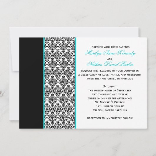 Black White Turquoise Damask Photo Wedding Invite Kaart (Achterkant)