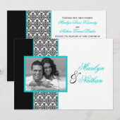 Black White Turquoise Damask Photo Wedding Invite Kaart (Voorkant / Achterkant)