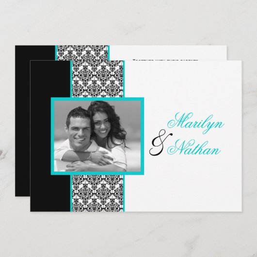 Black White Turquoise Damask Photo Wedding Invite Kaart (Voorkant / Achterkant)