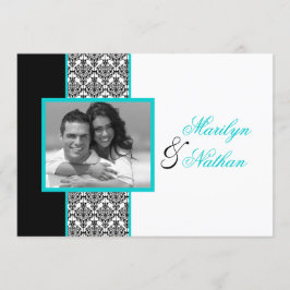 Black White Turquoise Damask Photo Wedding Invite Kaart