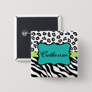 Black White Turquoise Zebra Leopard Name Badge Vierkante Button 5,1 Cm