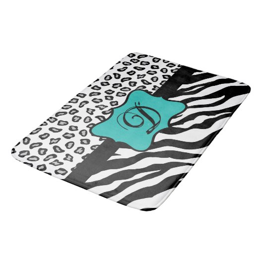Black White Turquoise Zebra Leopard Skin Monogram Badmat (Gekanteld)