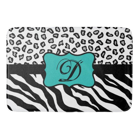 Black White Turquoise Zebra Leopard Skin Monogram Badmat (Voorkant)
