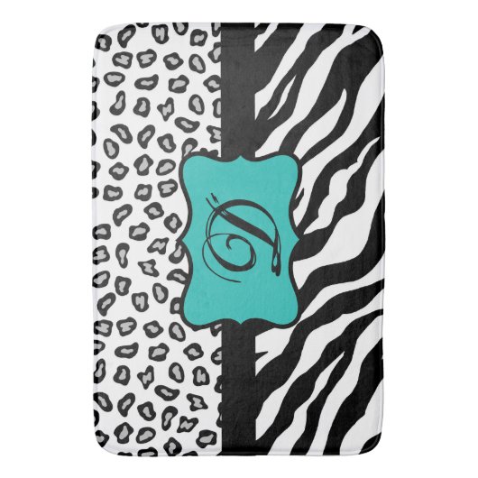 Black White Turquoise Zebra Leopard Skin Monogram Badmat (Voorkant Verticaal)
