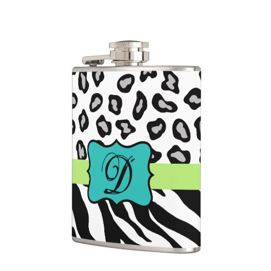 Black White Turquoise Zebra Leopard Skin Monogram Heupfles (Links)