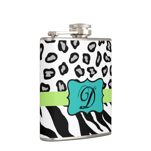 Black White Turquoise Zebra Leopard Skin Monogram Heupfles (Rechts)
