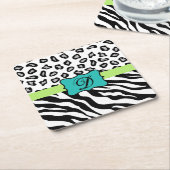 Black White Turquoise Zebra Leopard Skin Monogram Kartonnen Onderzetters (Schuin)