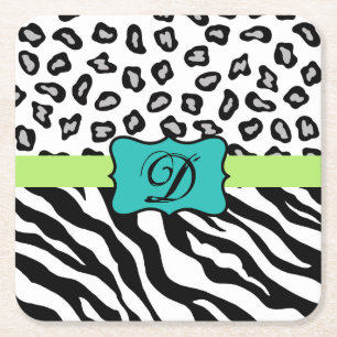 Black White Turquoise Zebra Leopard Skin Monogram Kartonnen Onderzetters