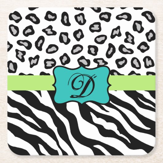 Black White Turquoise Zebra Leopard Skin Monogram Kartonnen Onderzetters (Voorkant)