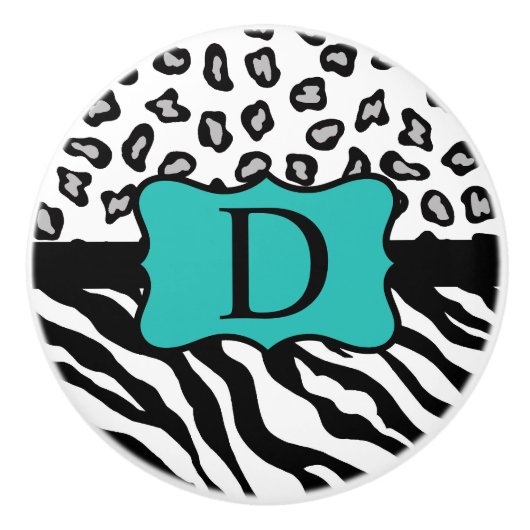 Black White Turquoise Zebra Leopard Skin Monogram Keramische Knop (Voorkant)