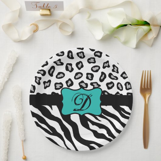 Black White Turquoise Zebra Leopard Skin Monogram Papieren Bordje (Huwelijk)