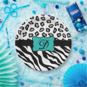 Black White Turquoise Zebra Leopard Skin Monogram Papieren Bordje (Feest)